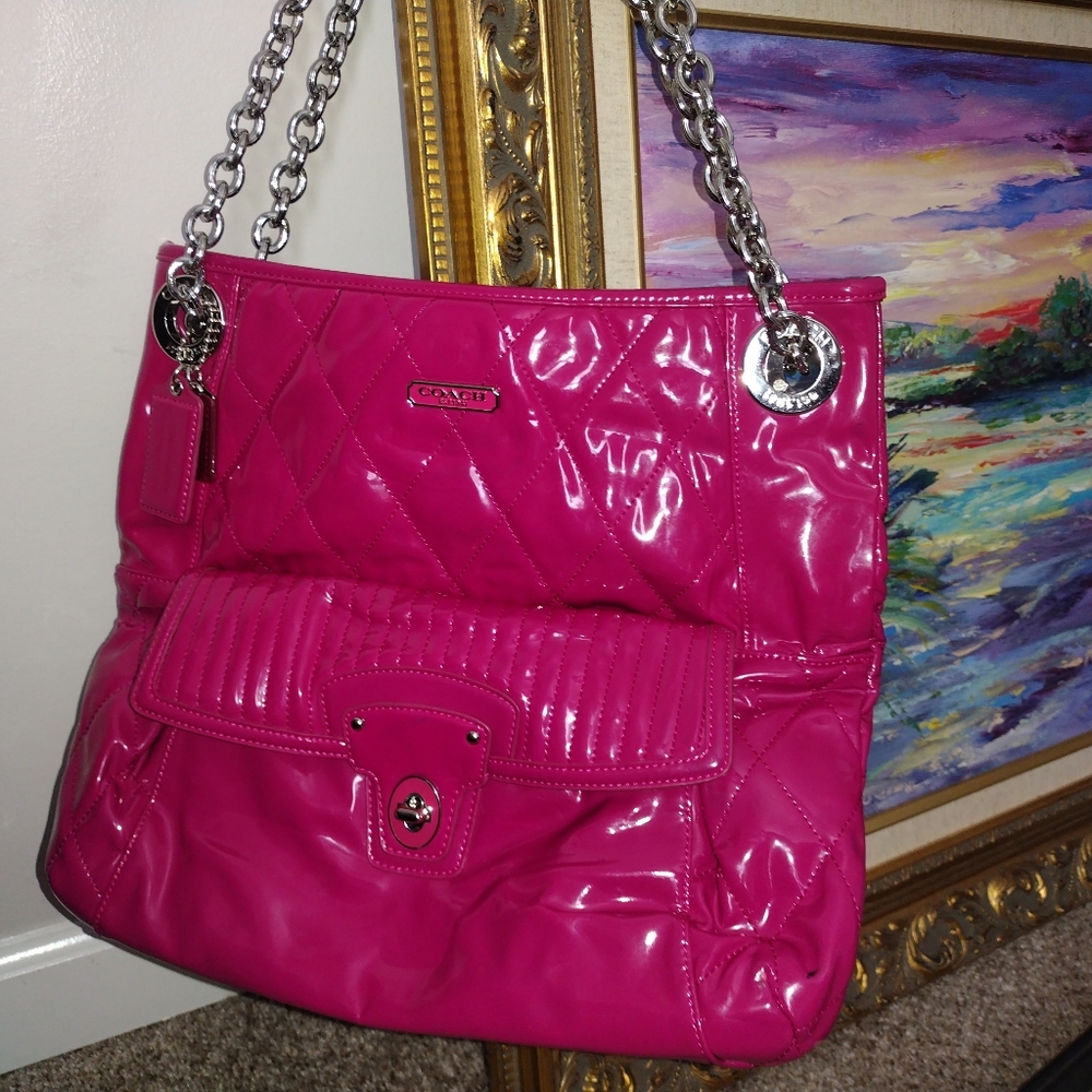 Sexy Pink  Coach poppy leather tote shoulder bag with silver tone